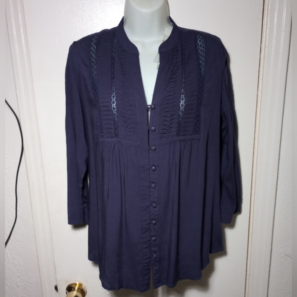 NWTAnthropologie SOLITAIRE BY RAVI KHOSLA Navy Crochet Peasant Blouse Size Small - Picture 9 of 14